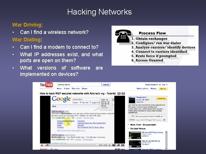 Hacking Networks War Driving: • Can I find a wireless network? War Dialing: •