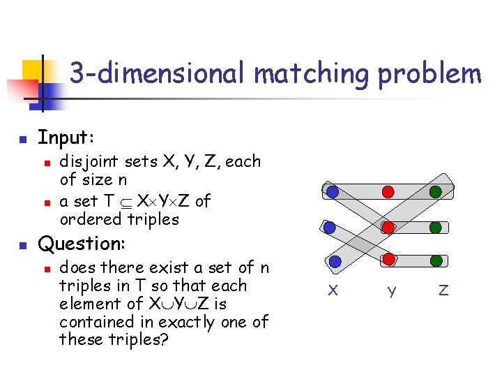 3 -dimensional matching problem n Input: n n n disjoint sets X, Y, Z,