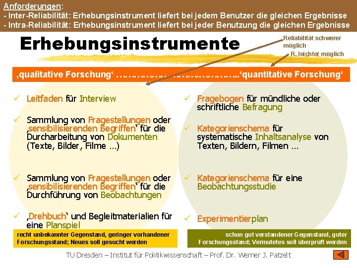 Anforderungen: - Inter-Reliabilität: Erhebungsinstrument liefert bei jedem Benutzer die gleichen Ergebnisse - Intra-Reliabilität: Erhebungsinstrument