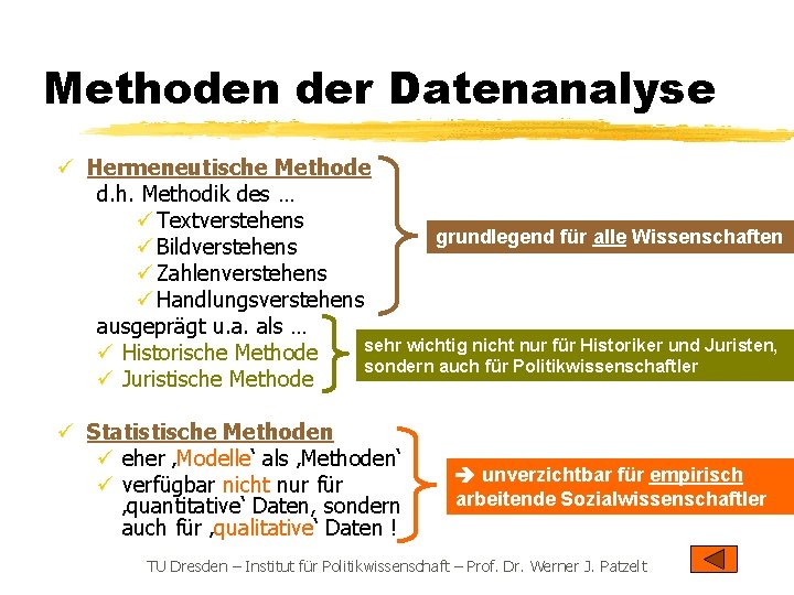 Methoden der Datenanalyse ü Hermeneutische Methode d. h. Methodik des … ü Textverstehens grundlegend