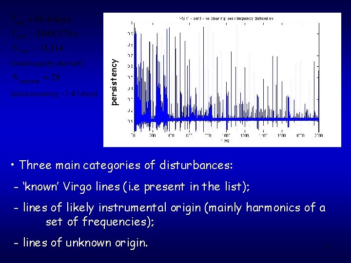 persistency • Three main categories of disturbances: - ‘known’ Virgo lines (i. e present