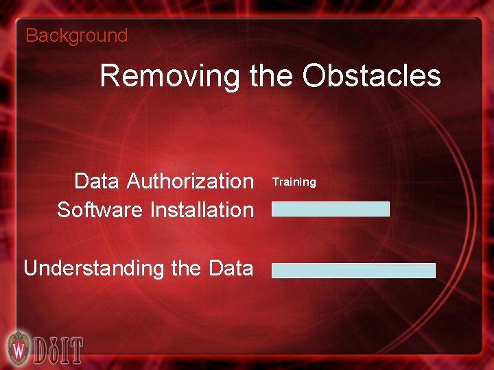 Background Removing the Obstacles Data Authorization Software Installation Understanding the Data Training 