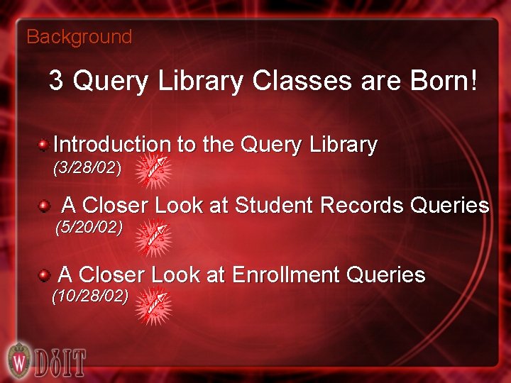 Background 3 Query Library Classes are Born! Introduction to the Query Library (3/28/02) A