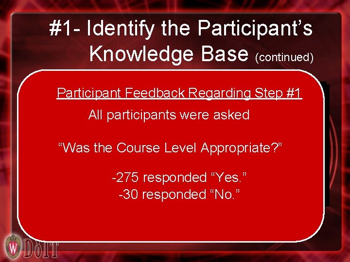 #1 - Identify the Participant’s Knowledge Base (continued) Participant. Feedback. Regarding. Step#1 #1 Participant