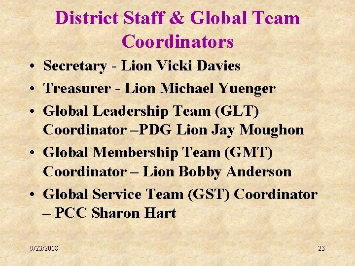 District Staff & Global Team Coordinators • Secretary - Lion Vicki Davies • Treasurer