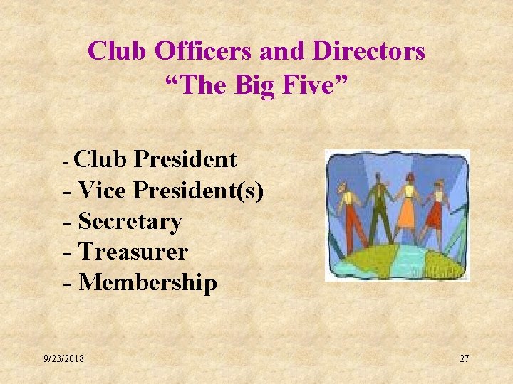 Club Officers and Directors “The Big Five” - Club President - Vice President(s) -