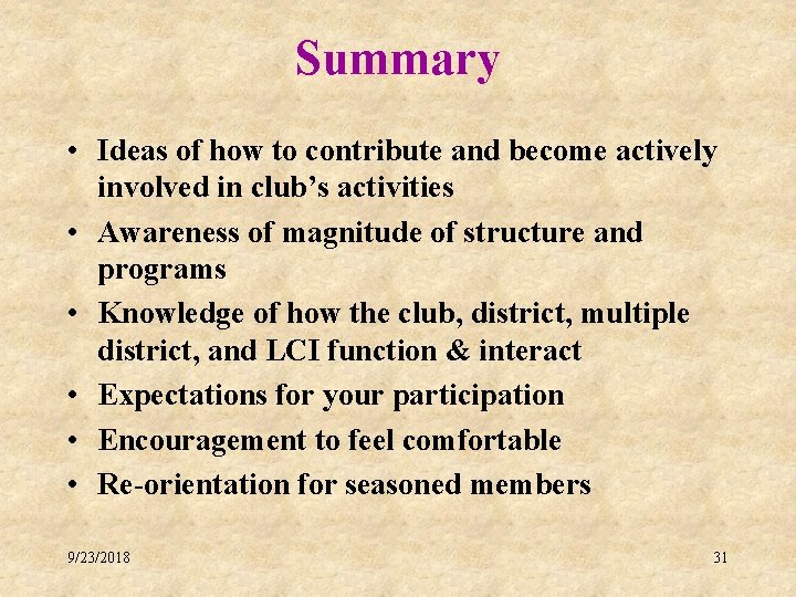 Summary • Ideas of how to contribute and become actively involved in club’s activities