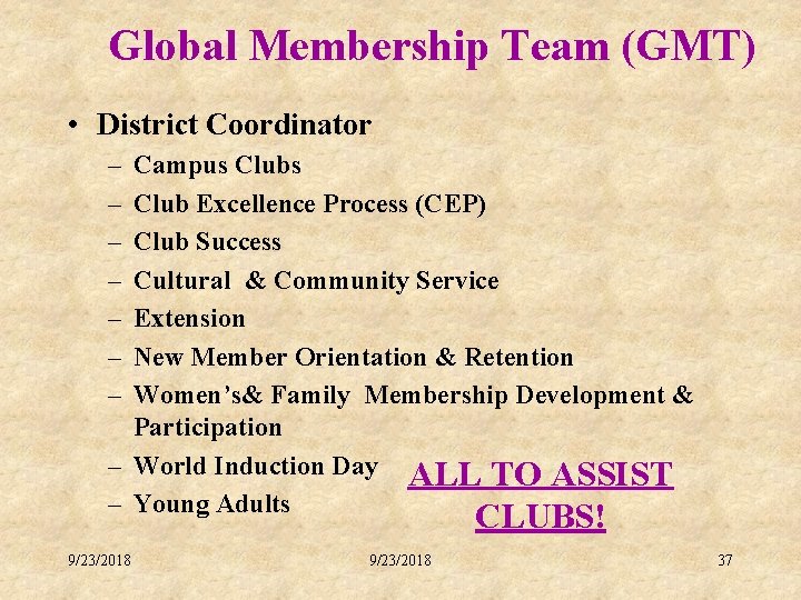 Global Membership Team (GMT) • District Coordinator – – – – Campus Club Excellence