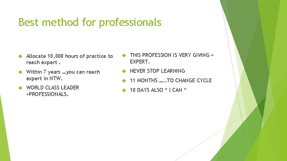 Best method for professionals Allocate 10, 000 hours of practice to reach expert. THIS