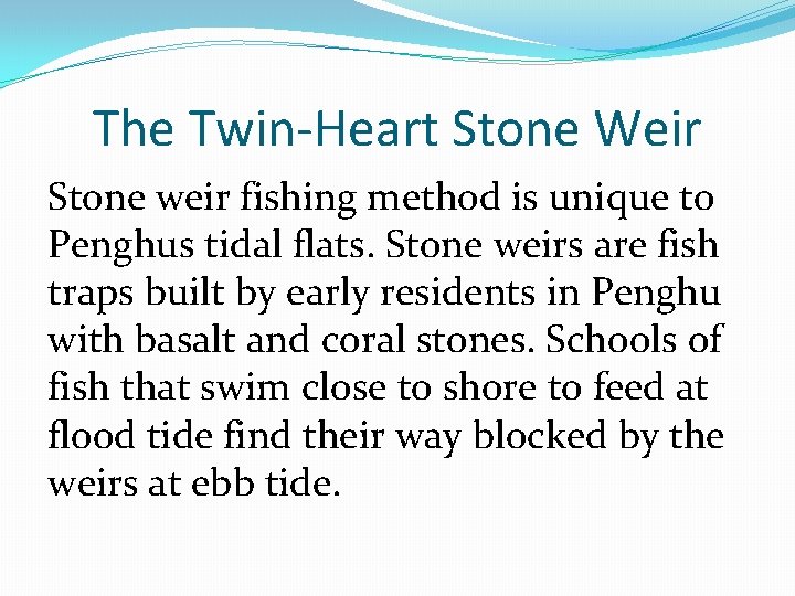 The Twin-Heart Stone Weir Stone weir fishing method is unique to Penghus tidal flats.