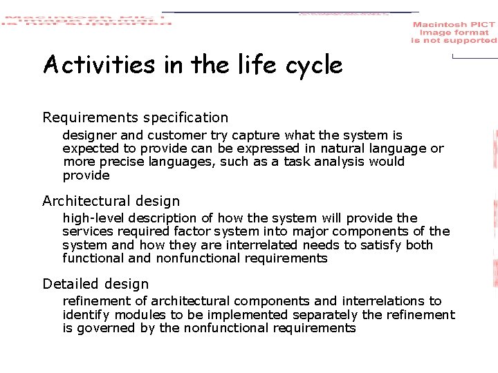 Activities in the life cycle Requirements specification designer and customer try capture what the
