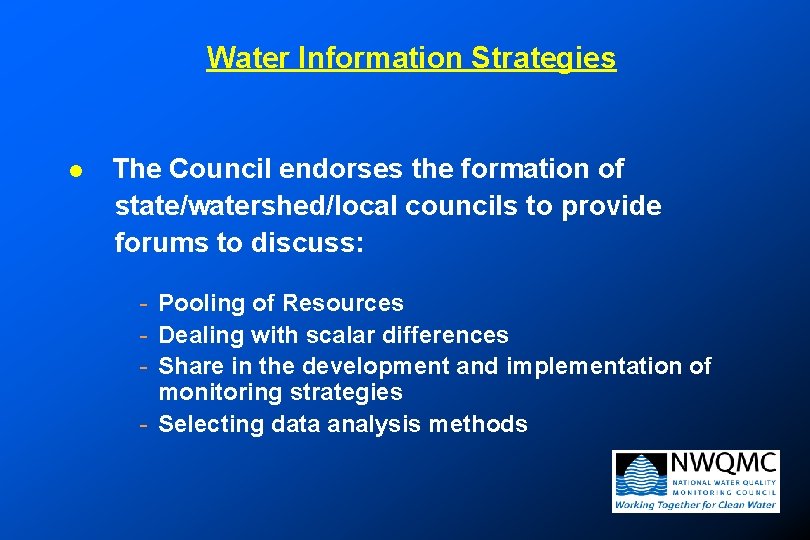 Water Information Strategies l The Council endorses the formation of state/watershed/local councils to provide Water Information Strategies l The Council endorses the formation of state/watershed/local councils to provide