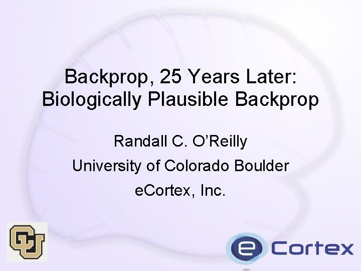 Backprop, 25 Years Later: Biologically Plausible Backprop Randall C. O’Reilly University of Colorado Boulder