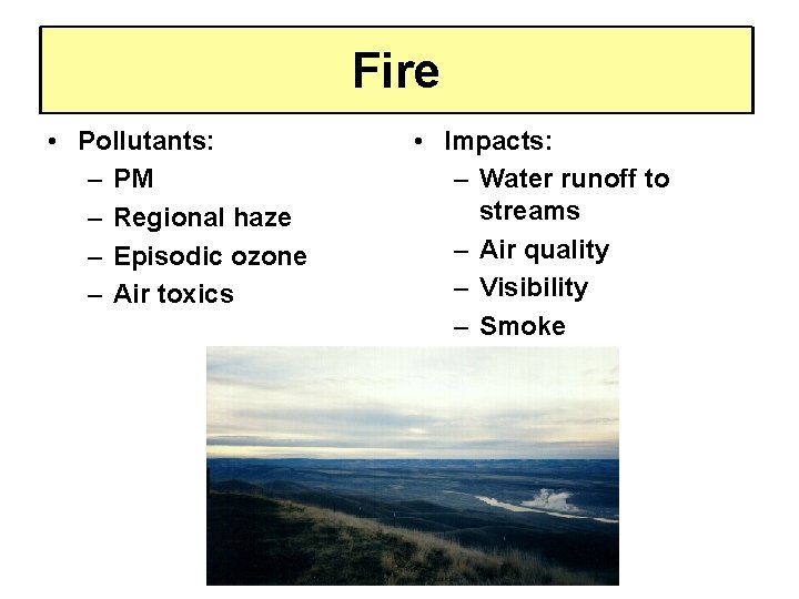 Fire • Pollutants: – PM – Regional haze – Episodic ozone – Air toxics
