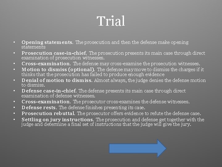 Trial • • • Opening statements. The prosecution and then the defense make opening