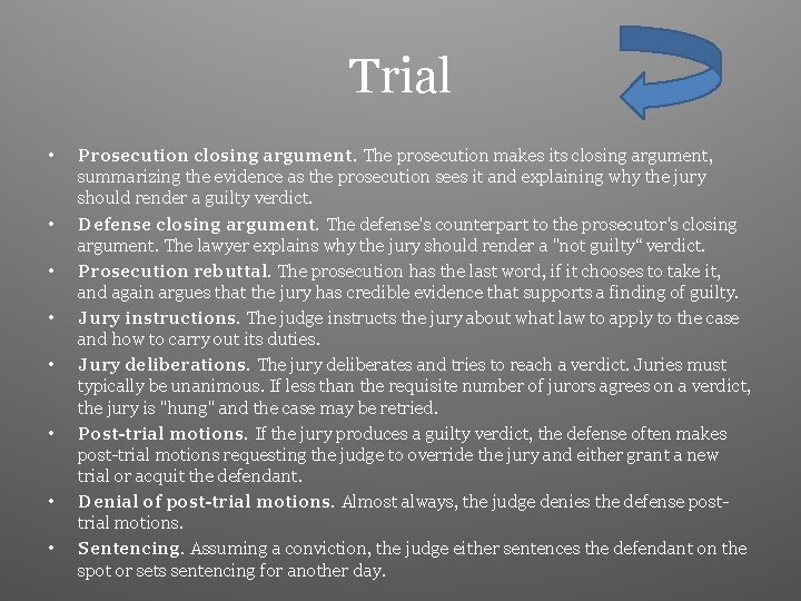 Trial • • Prosecution closing argument. The prosecution makes its closing argument, summarizing the