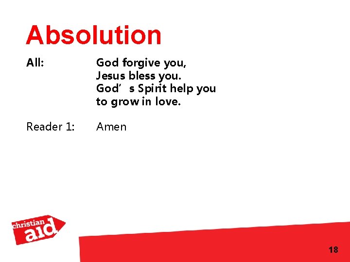 Absolution All: God forgive you, Jesus bless you. God’s Spirit help you to grow