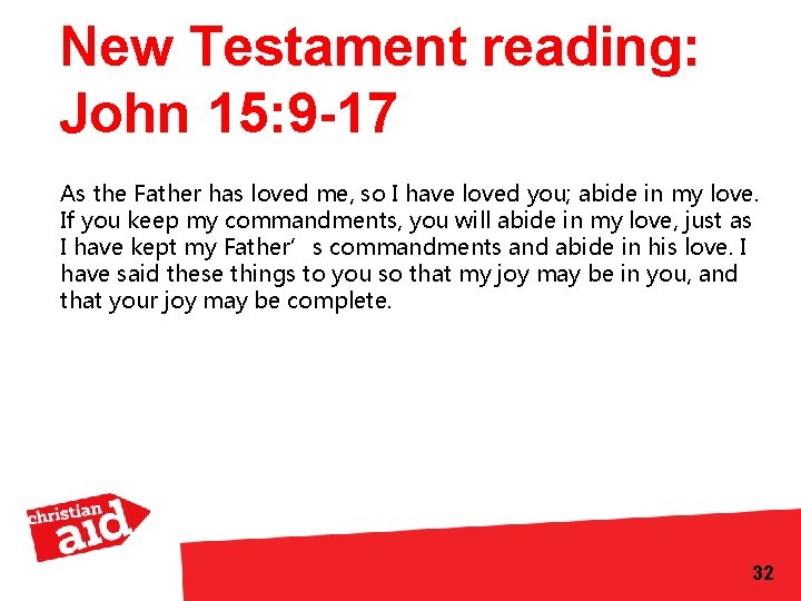 New Testament reading: John 15: 9 -17 As the Father has loved me, so