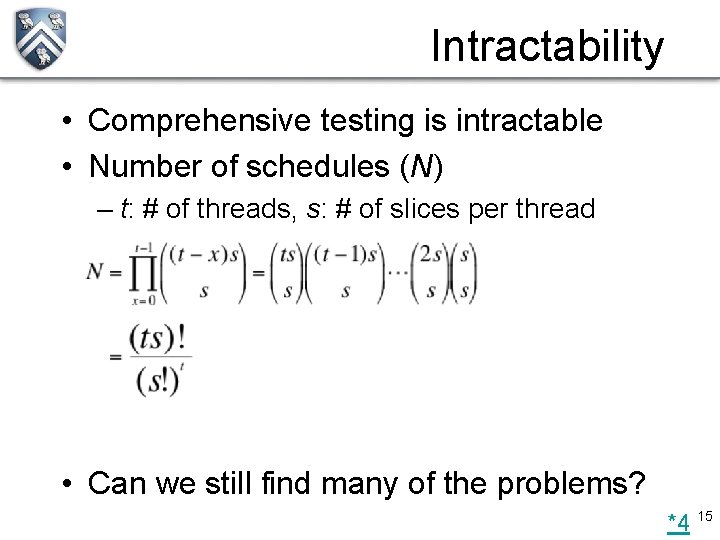 Intractability • Comprehensive testing is intractable • Number of schedules (N) – t: #