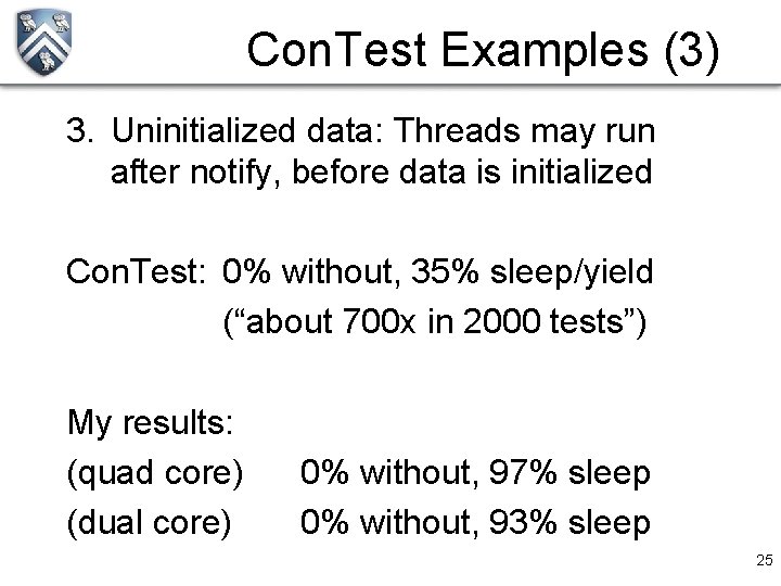 Con. Test Examples (3) 3. Uninitialized data: Threads may run after notify, before data