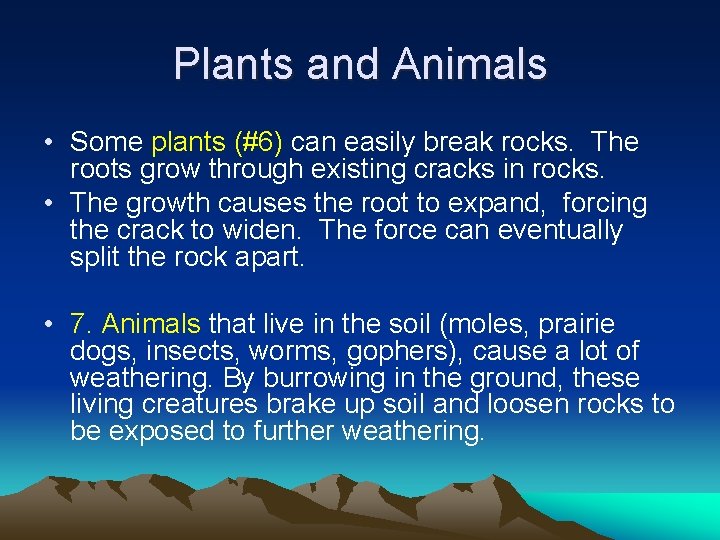 Plants and Animals • Some plants (#6) can easily break rocks. The roots grow