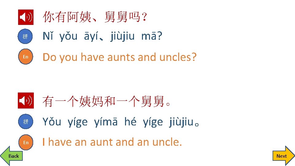 拼 En 你有阿姨、舅舅吗？ Nǐ yǒu āyí、jiùjiu mā? Do you have aunts and uncles? 有一个姨妈和一个舅舅。