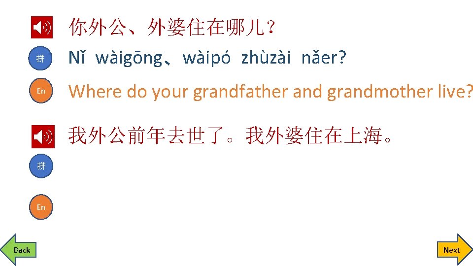 拼 En 你外公、外婆住在哪儿？ Nǐ wàigōng、wàipó zhùzài nǎer? Where do your grandfather and grandmother live?