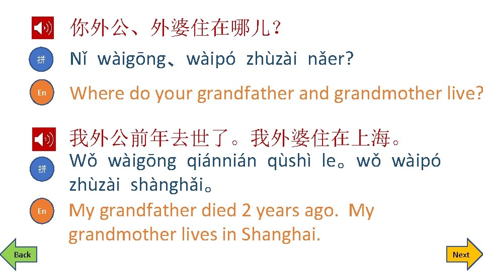 拼 En Back 你外公、外婆住在哪儿？ Nǐ wàigōng、wàipó zhùzài nǎer? Where do your grandfather and grandmother