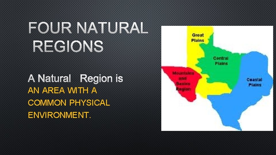 FOUR NATURAL REGIONS A NATURAL REGION IS AN AREA WITH A COMMON PHYSICAL ENVIRONMENT.