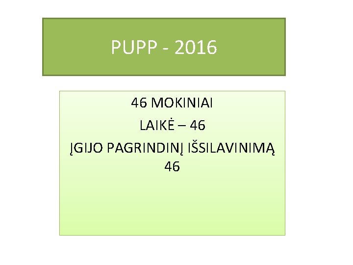 PUPP - 2016 46 MOKINIAI LAIKĖ – 46 ĮGIJO PAGRINDINĮ IŠSILAVINIMĄ 46 