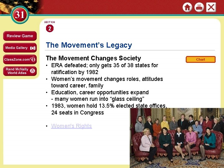 SECTION 2 The Movement’s Legacy The Movement Changes Society Chart • ERA defeated; only
