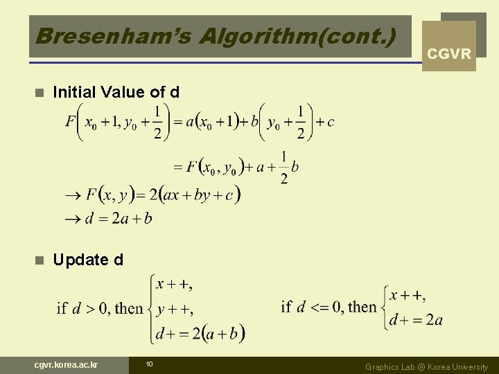 Bresenham’s Algorithm(cont. ) n Initial Value of d n Update d cgvr. korea. ac.