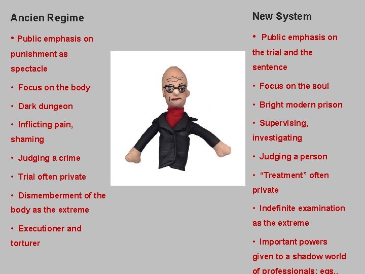Ancien Regime New System • Public emphasis on • punishment as the trial and