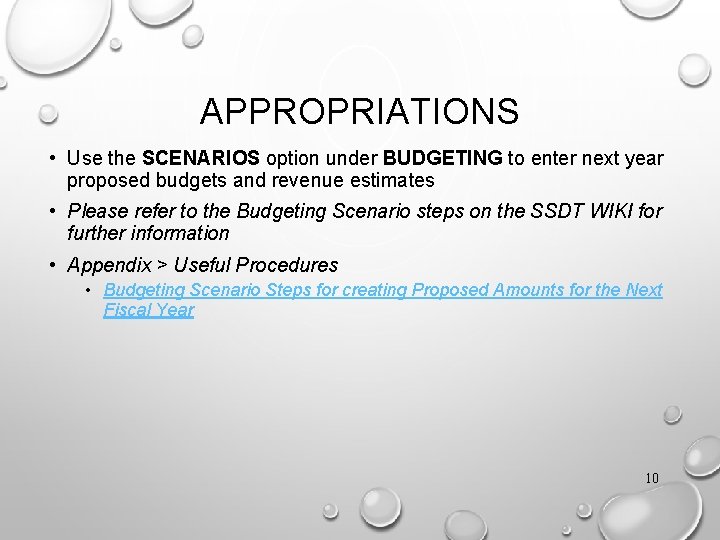 APPROPRIATIONS • Use the SCENARIOS option under BUDGETING to enter next year proposed budgets