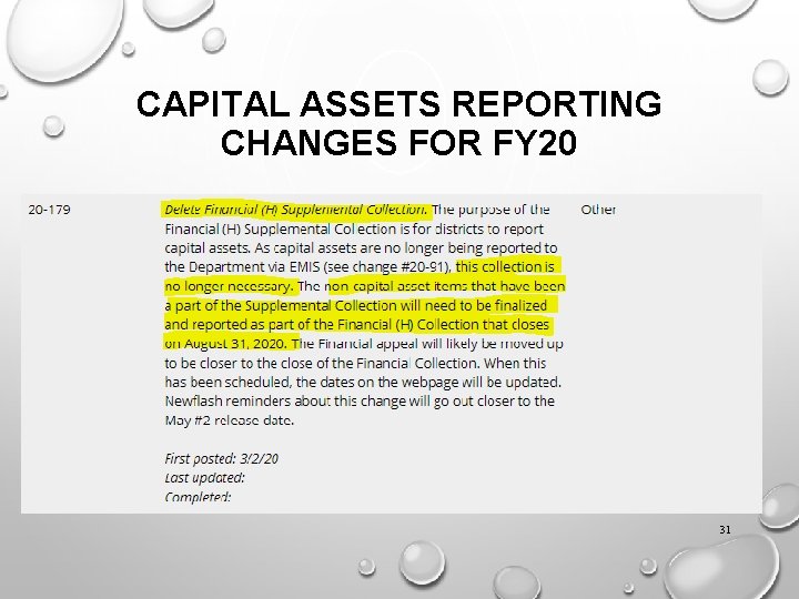 CAPITAL ASSETS REPORTING CHANGES FOR FY 20 31 
