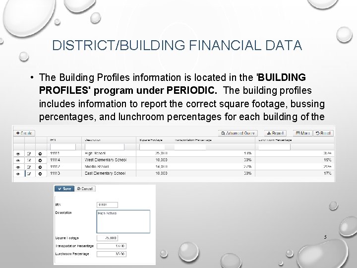 DISTRICT/BUILDING FINANCIAL DATA • The Building Profiles information is located in the 'BUILDING PROFILES'