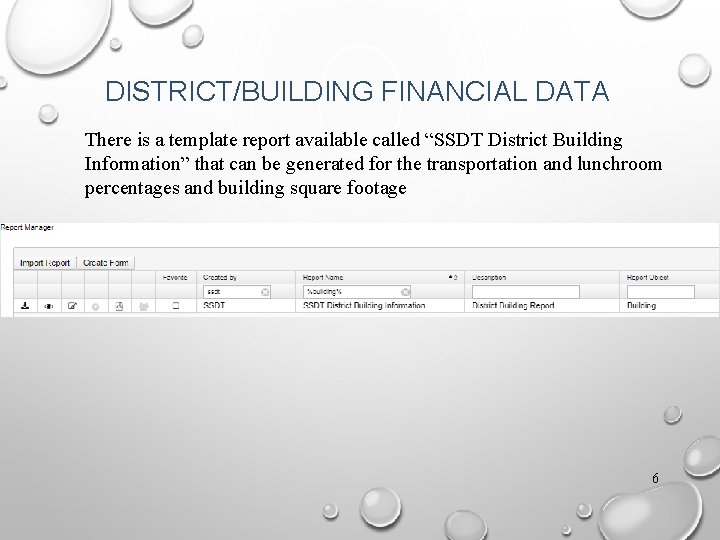 DISTRICT/BUILDING FINANCIAL DATA There is a template report available called “SSDT District Building Information”