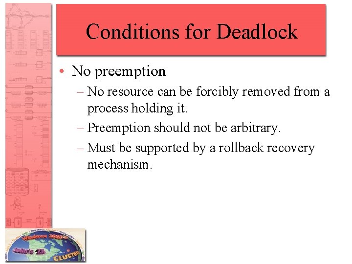 Conditions for Deadlock • No preemption – No resource can be forcibly removed from