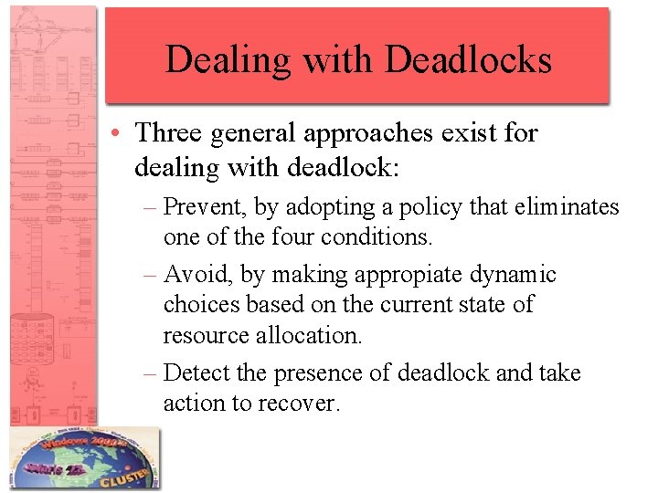 Dealing with Deadlocks • Three general approaches exist for dealing with deadlock: – Prevent,