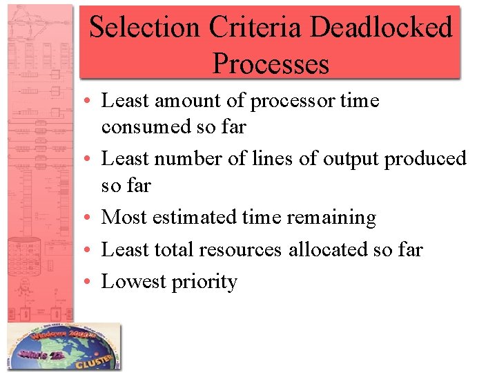 Selection Criteria Deadlocked Processes • Least amount of processor time consumed so far •