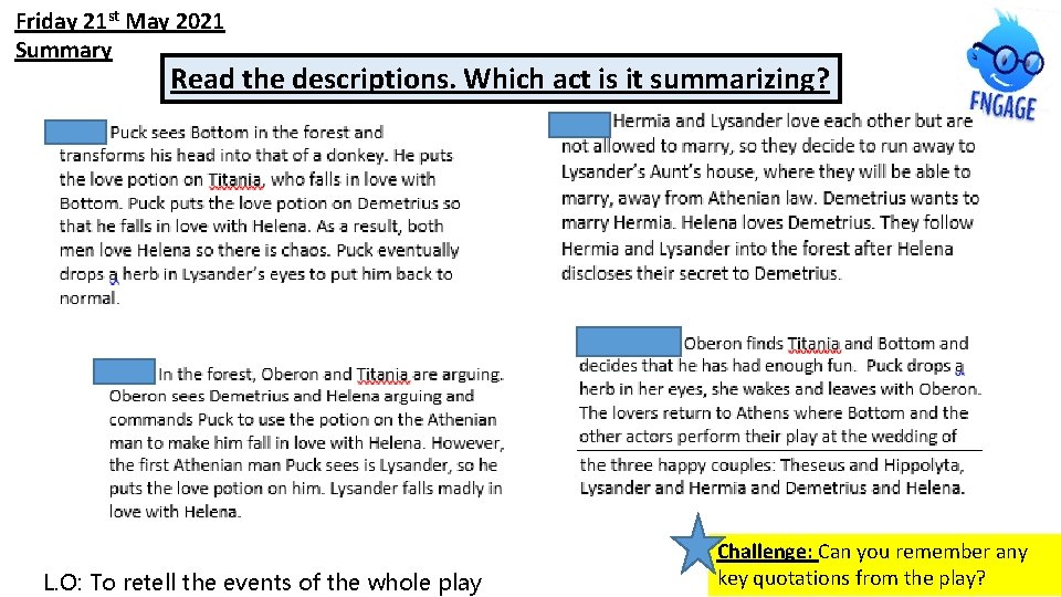 Friday 21 st May 2021 Summary Read the descriptions. Which act is it summarizing?