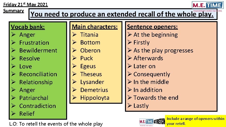 Friday 21 st May 2021 Summary You need to produce an extended recall of
