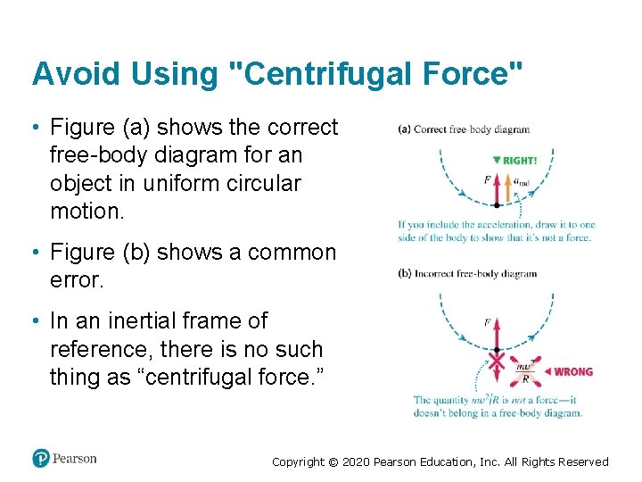 Avoid Using "Centrifugal Force" • Figure (a) shows the correct free-body diagram for an