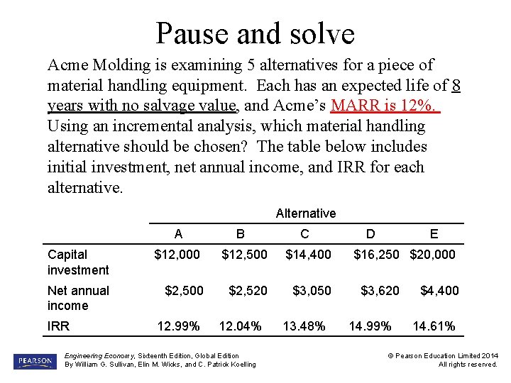 Pause and solve Acme Molding is examining 5 alternatives for a piece of material