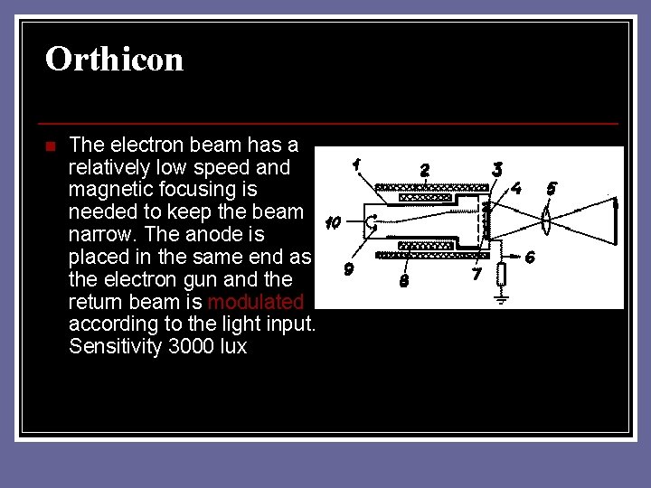 Orthicon n The electron beam has a relatively low speed and magnetic focusing is