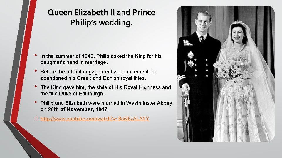 Queen Elizabeth II and Prince Philip’s wedding. • In the summer of 1946, Philip