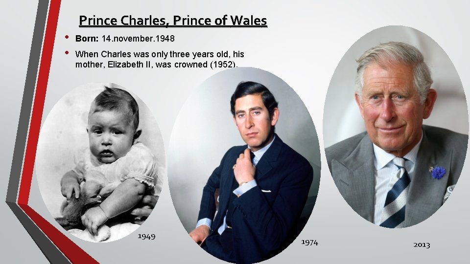 Prince Charles, Prince of Wales • • Born: 14. november. 1948 When Charles was