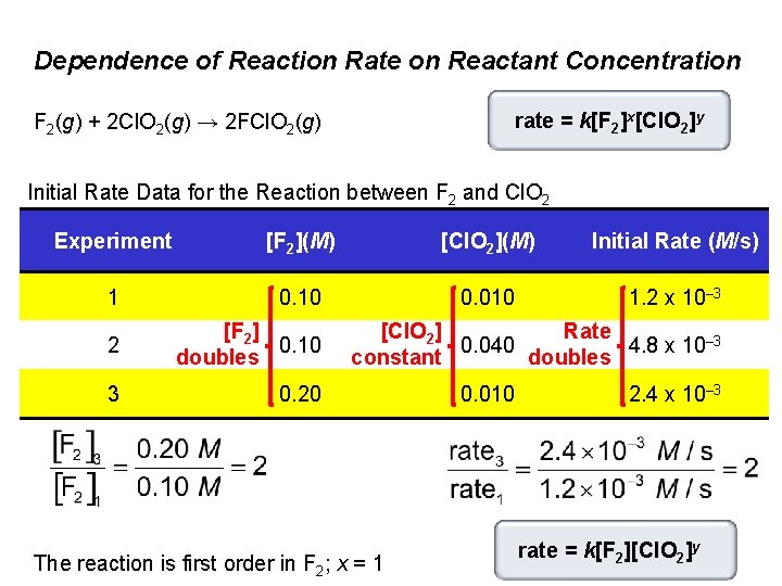 Dependence of Reaction Rate on Reactant Concentration rate = k[F 2]x[Cl. O 2]y F