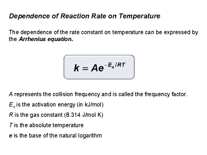 Dependence of Reaction Rate on Temperature The dependence of the rate constant on temperature