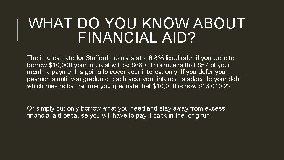 WHAT DO YOU KNOW ABOUT FINANCIAL AID? The interest rate for Stafford Loans is
